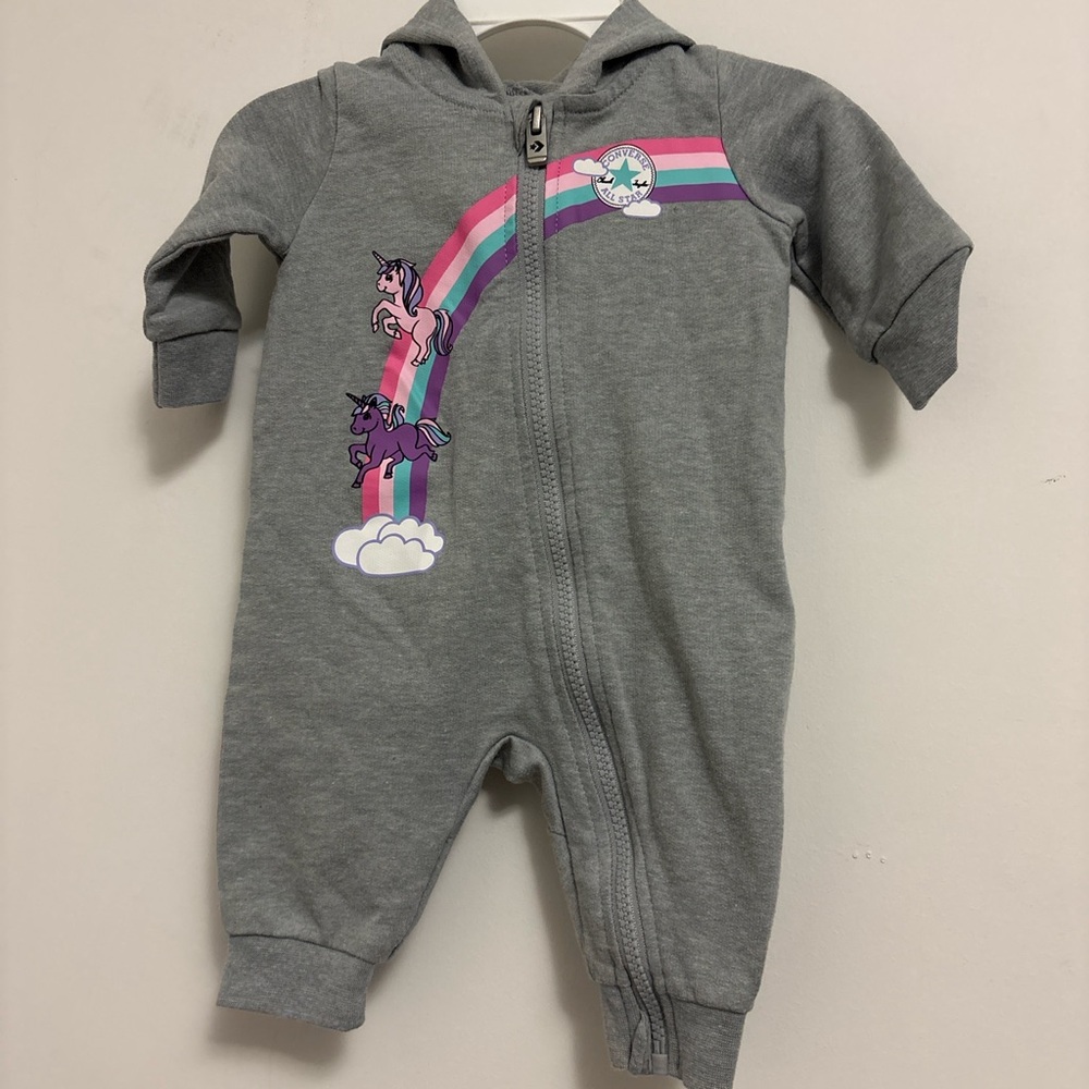 Gray Unicorn & Rainbow Zip Front Baby One-Piece